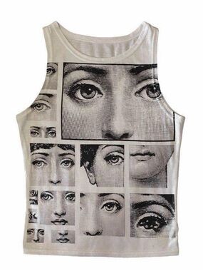 Fornasetti Graphic Eye Print Cropped White Tank Top
